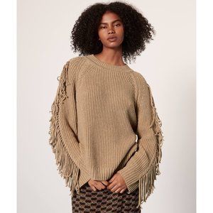 Annie Wear Fringe Tassel Round Neck Loose Fit Sweater Womens XL Camel Knit NEW